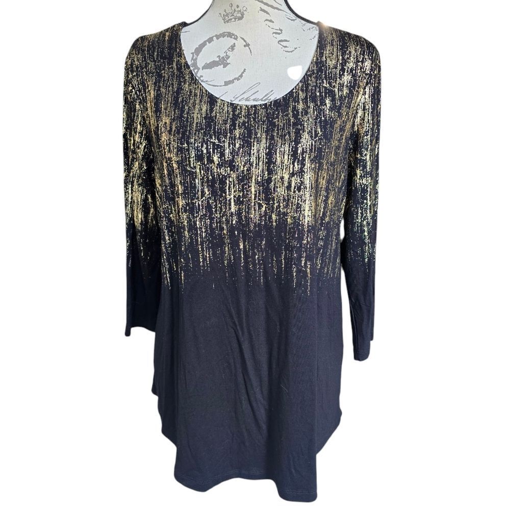 JM‎ Collection -619 NWT Foil Rain 3/4-Sleeve Top Black Gold Women's Size Medium